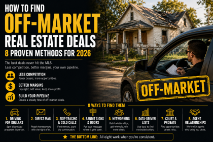 Infographic on how to find off-market real estate deals using 8 proven methods for 2026: driving for dollars, direct mail, skip tracing and cold calls, bandit signs and doors, networking, data-driven lists, court and probate records, and agent relationships.