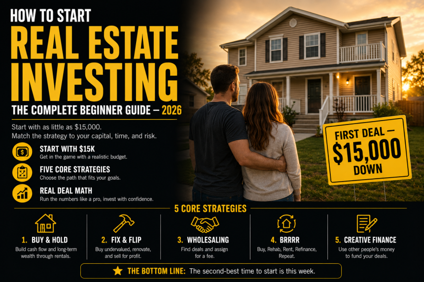 Infographic on how to start real estate investing in 2026, a complete beginner guide covering five core strategies: buy and hold, fix and flip, wholesaling, BRRRR, and creative finance, starting with as little as 15,000 dollars.